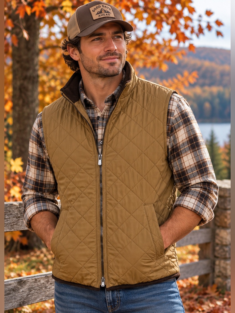 Tahari Men’s Quilted Vest Brown Tan Full Zip Fleece Lined Size S/P
